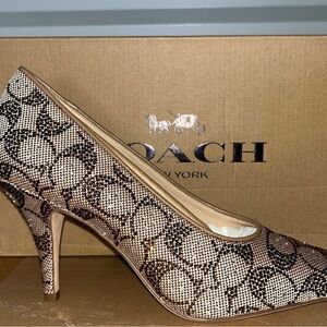 Coach Signature Logo Pointed Toe Heel in Beige and Brown